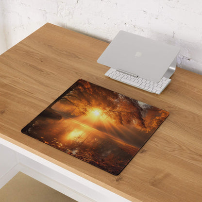 Premium warm autumn sunrise large gaming mouse pad with sunset scene