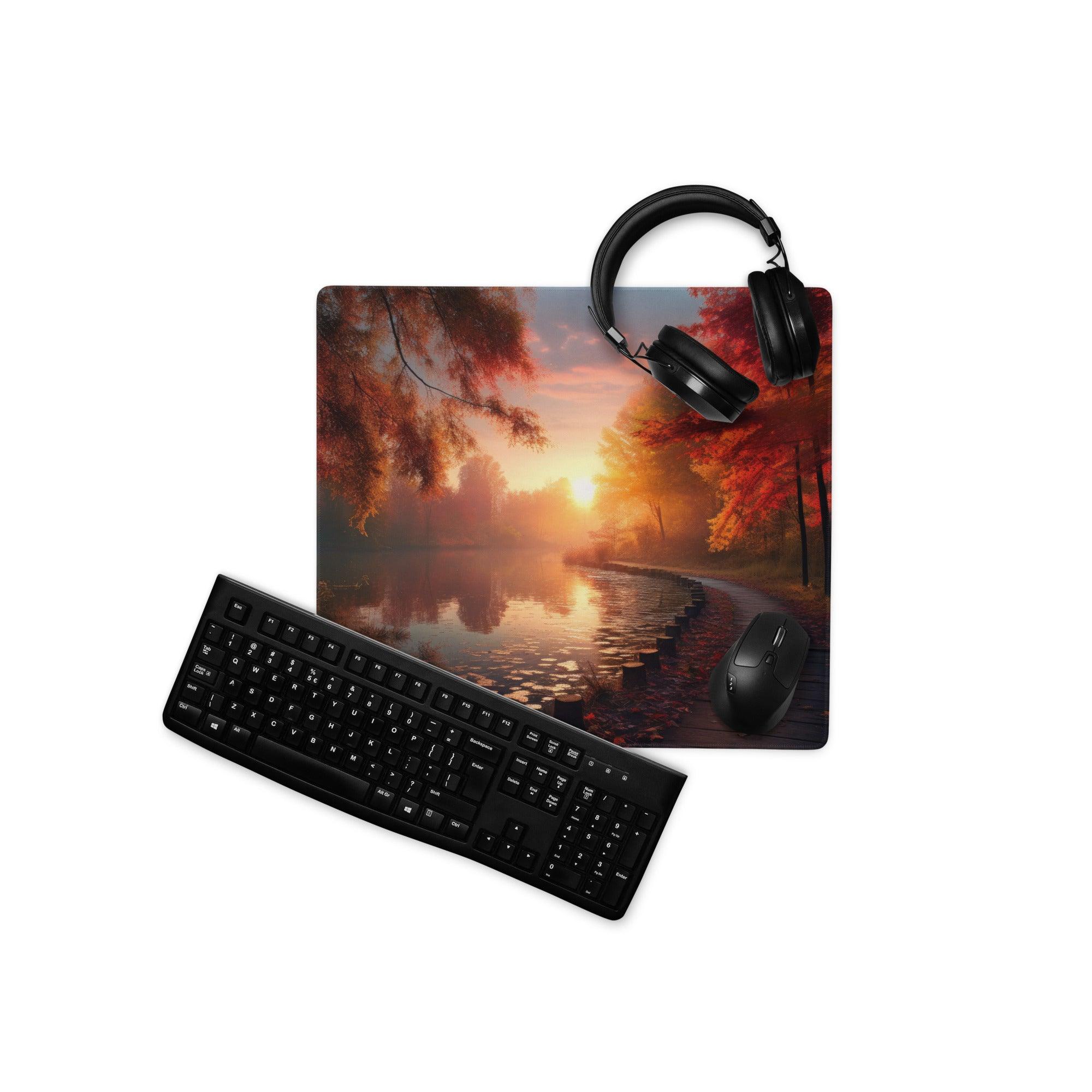 Black matte finish keyboard with standard layout on Autumn Sunset Forest gaming mouse pad