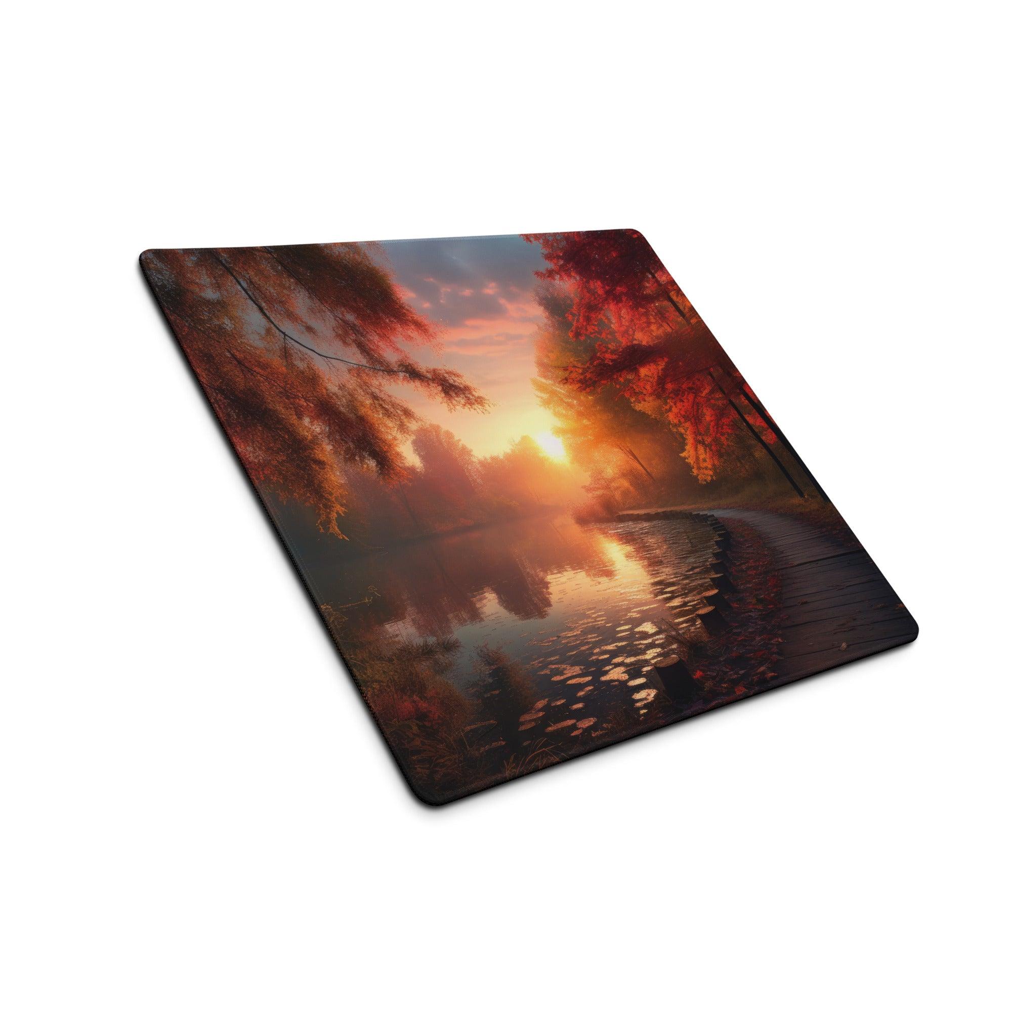 Autumn sunset forest gaming mouse pad with red trees, water reflection, non-slip backing