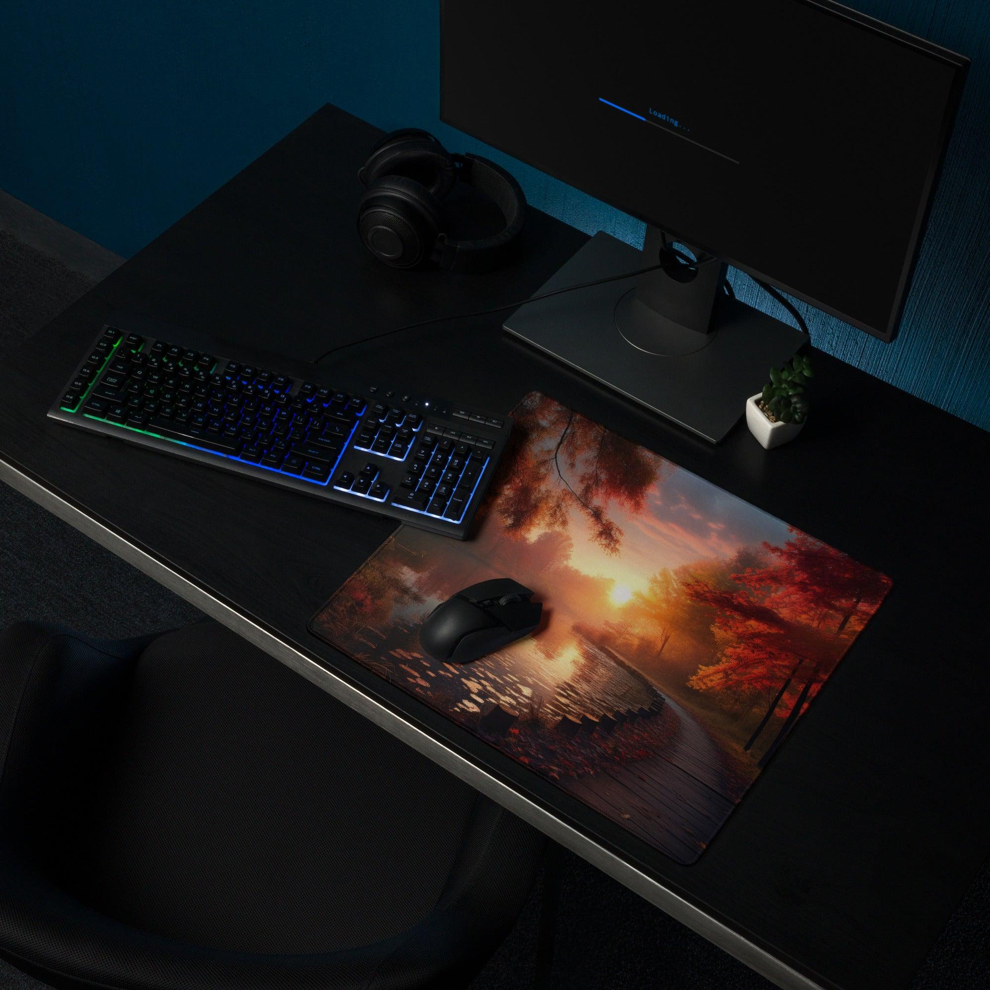 Large Autumn Sunset Forest gaming mouse pad with non-slip backing