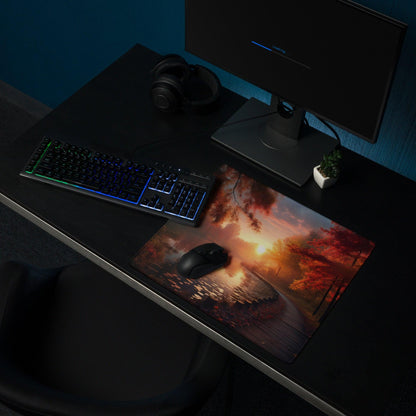 Large Autumn Sunset Forest gaming mouse pad with non-slip backing