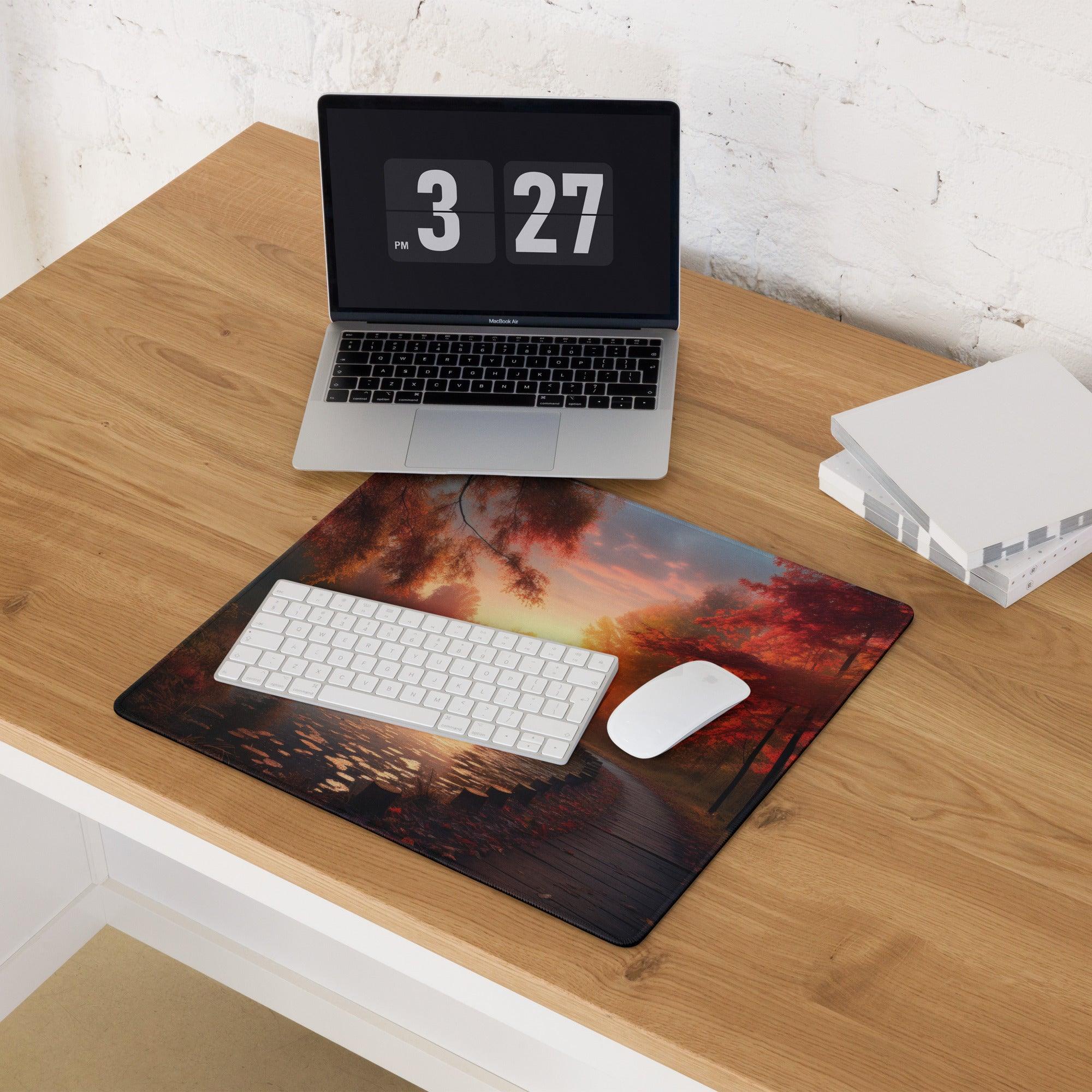 Large Autumn Sunset Forest gaming mouse pad with non-slip backing