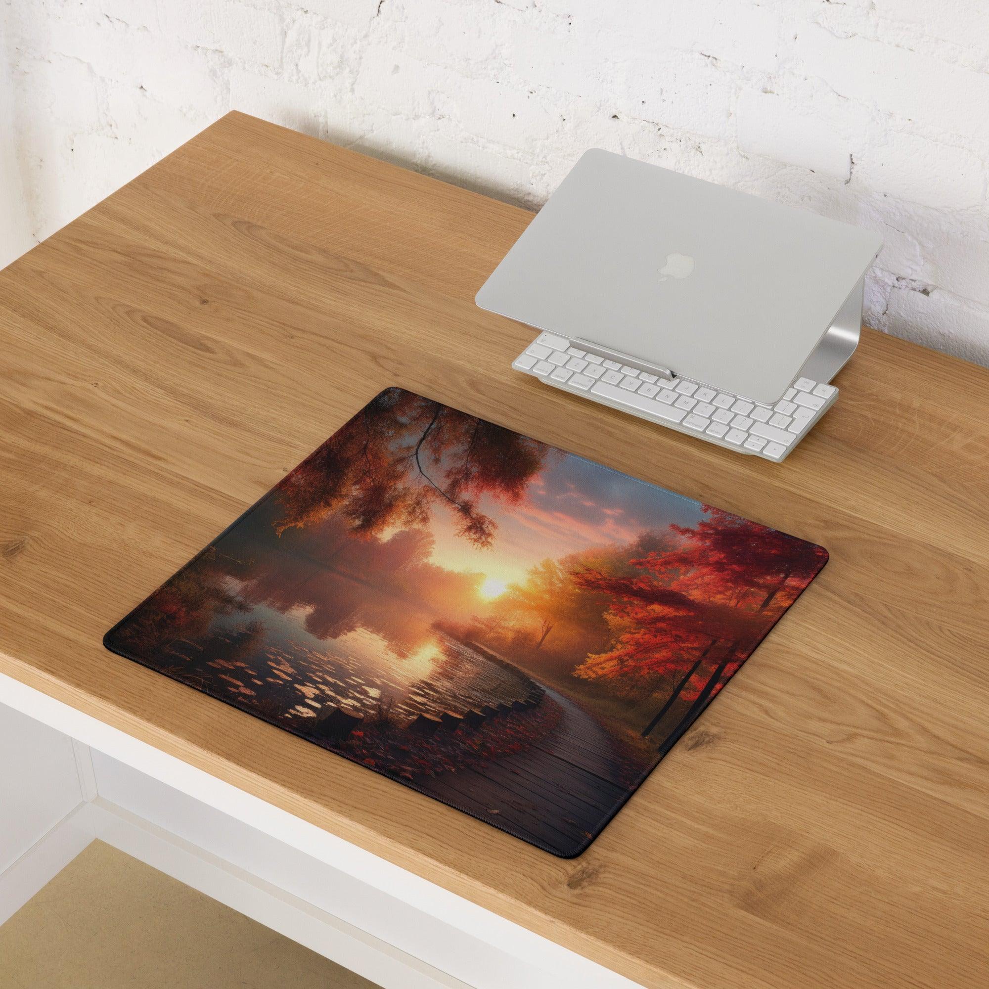 Large Autumn Sunset Forest gaming mouse pad with vivid orange sunset, trees, non-slip backing