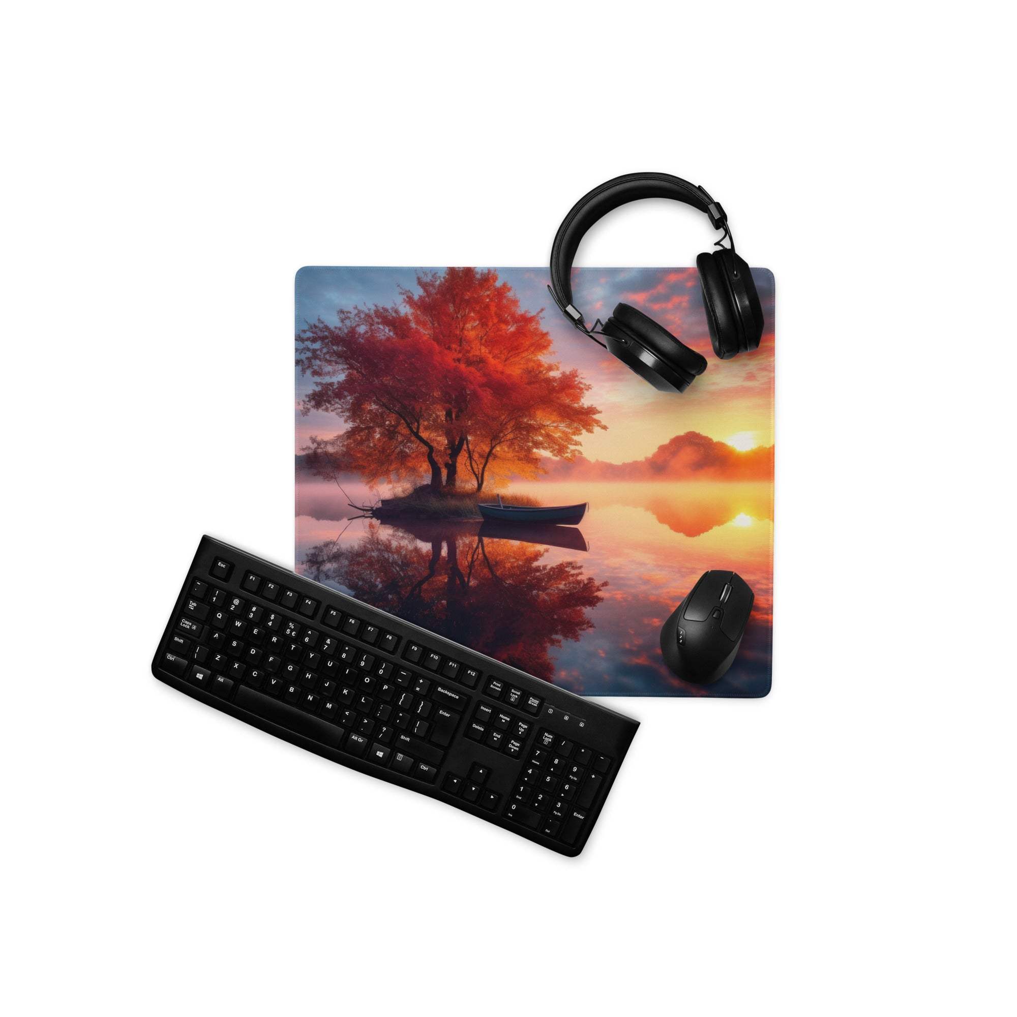 Tranquil autumn sunset glow large gaming mouse pad with fiery trees and boat reflection