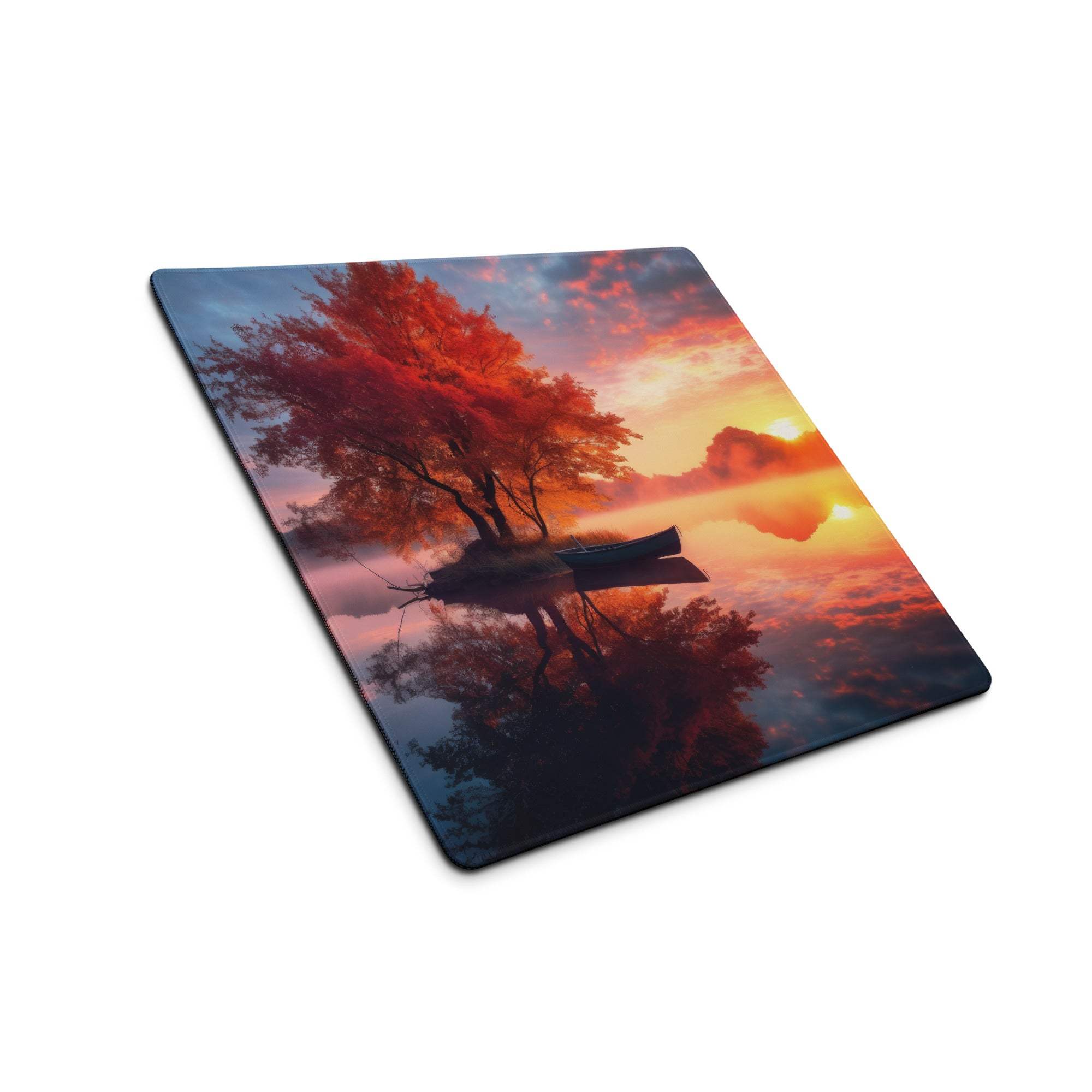 Tranquil autumn sunset glow large gaming mouse pad with fiery hues and trees