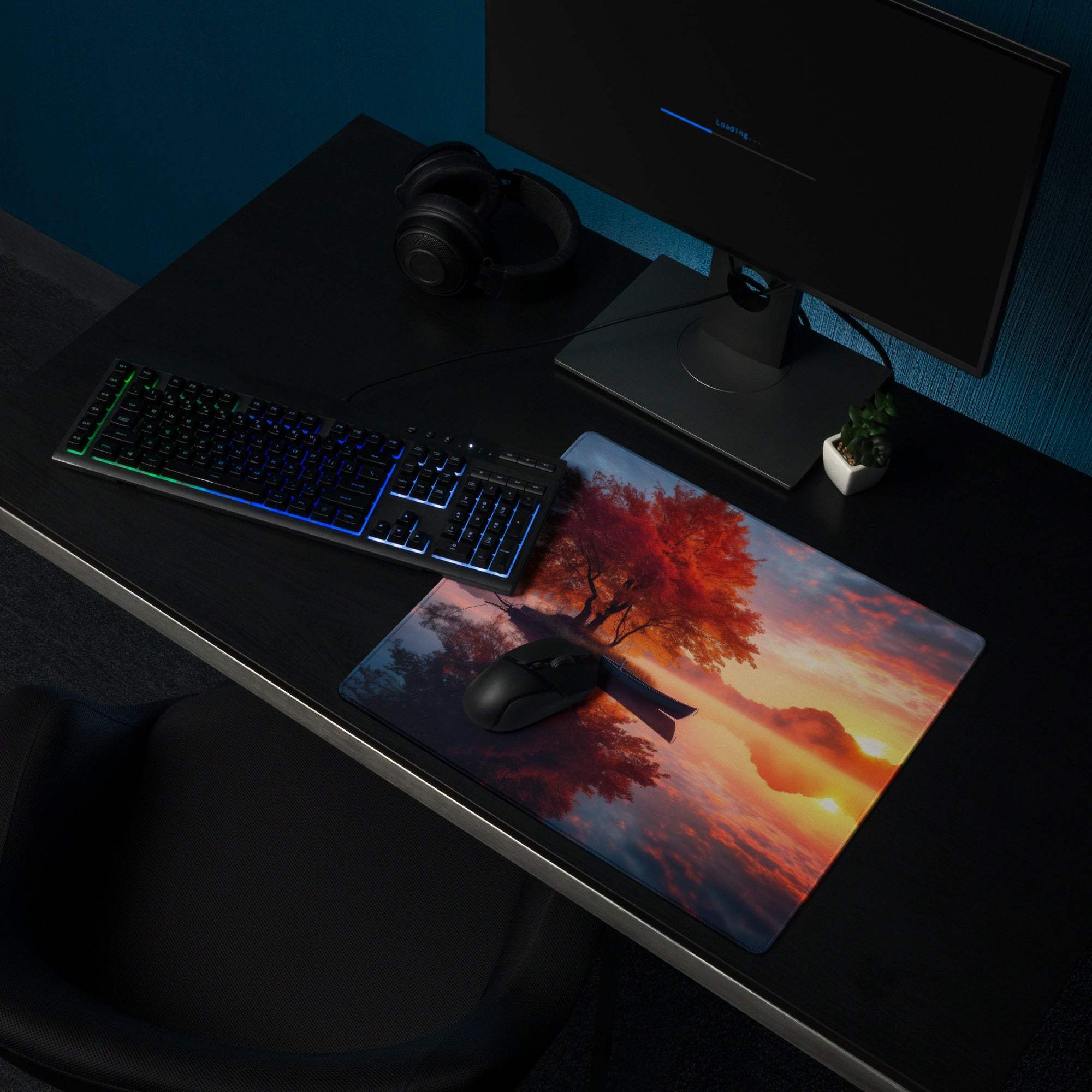 Tranquil autumn sunset glow large gaming mouse pad with orange tree on desk