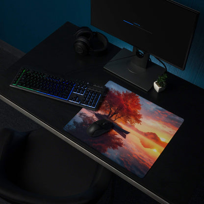 Tranquil autumn sunset glow large gaming mouse pad with orange tree on desk