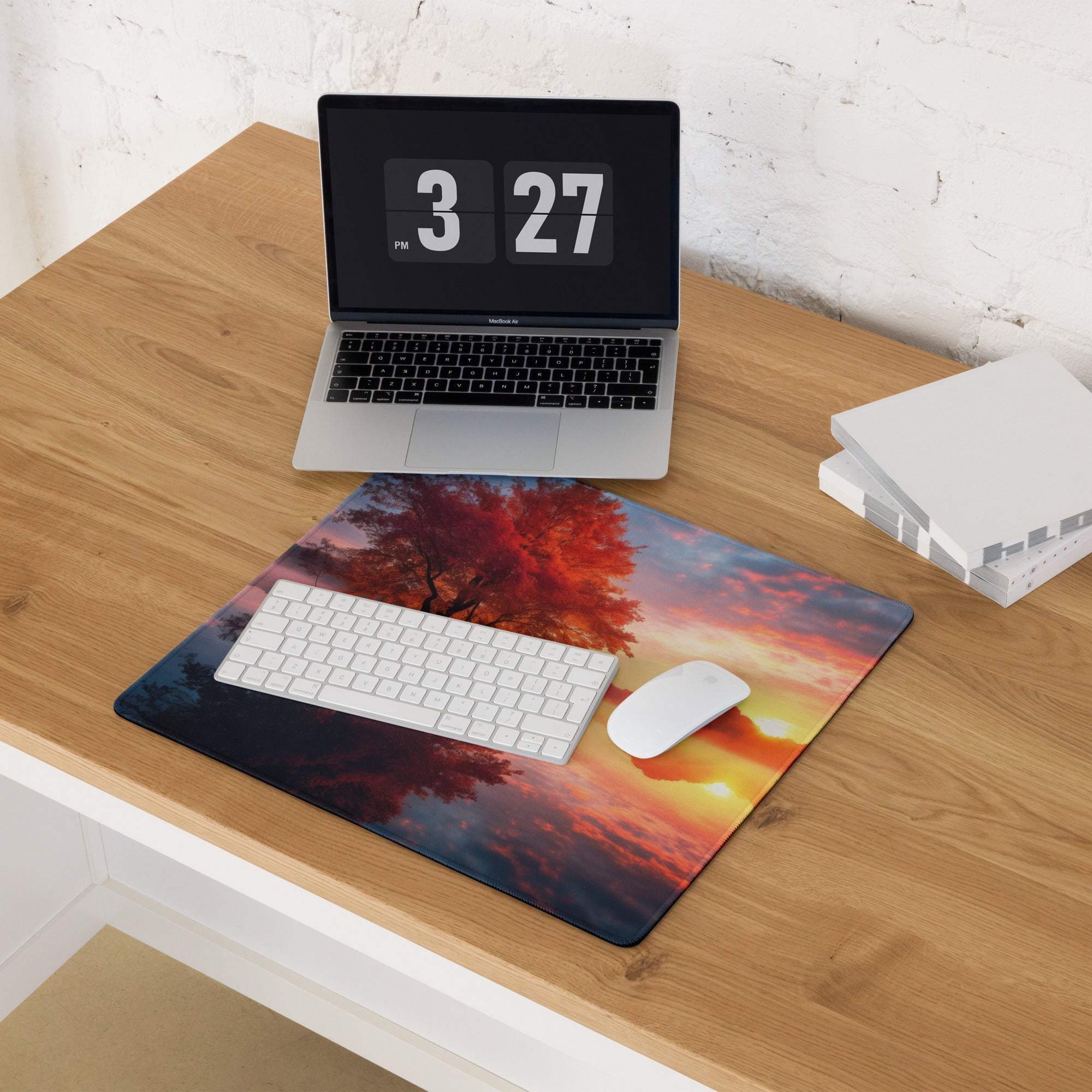 Tranquil Autumn Sunset Glow large gaming mouse pad with fiery tree silhouettes
