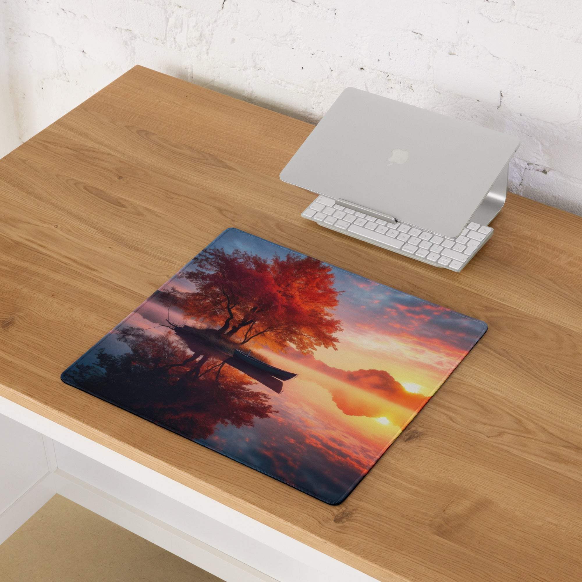 Tranquil autumn sunset glow large gaming mouse pad with silhouetted trees and Japanese boat