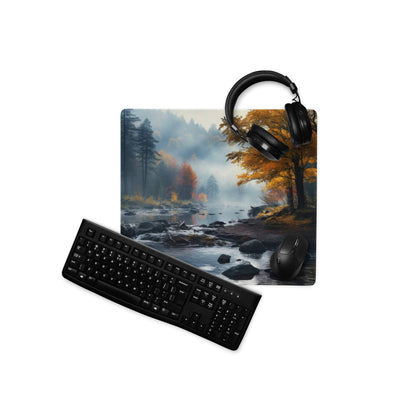 Large Autumn Forest River gaming mousepad with black keyboard and mouse