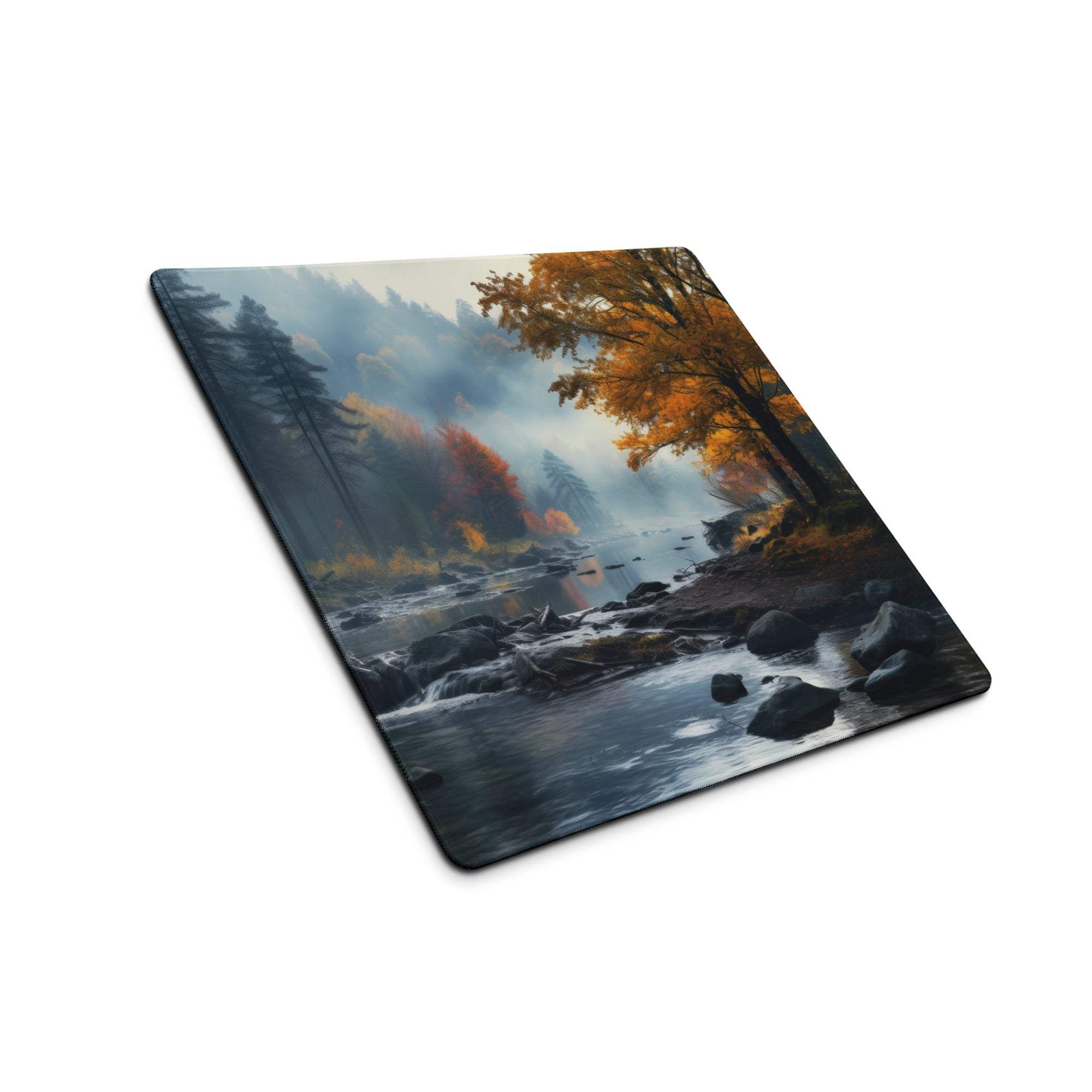 Large nature-inspired gaming mouse pad with autumn forest river scene, non-slip base