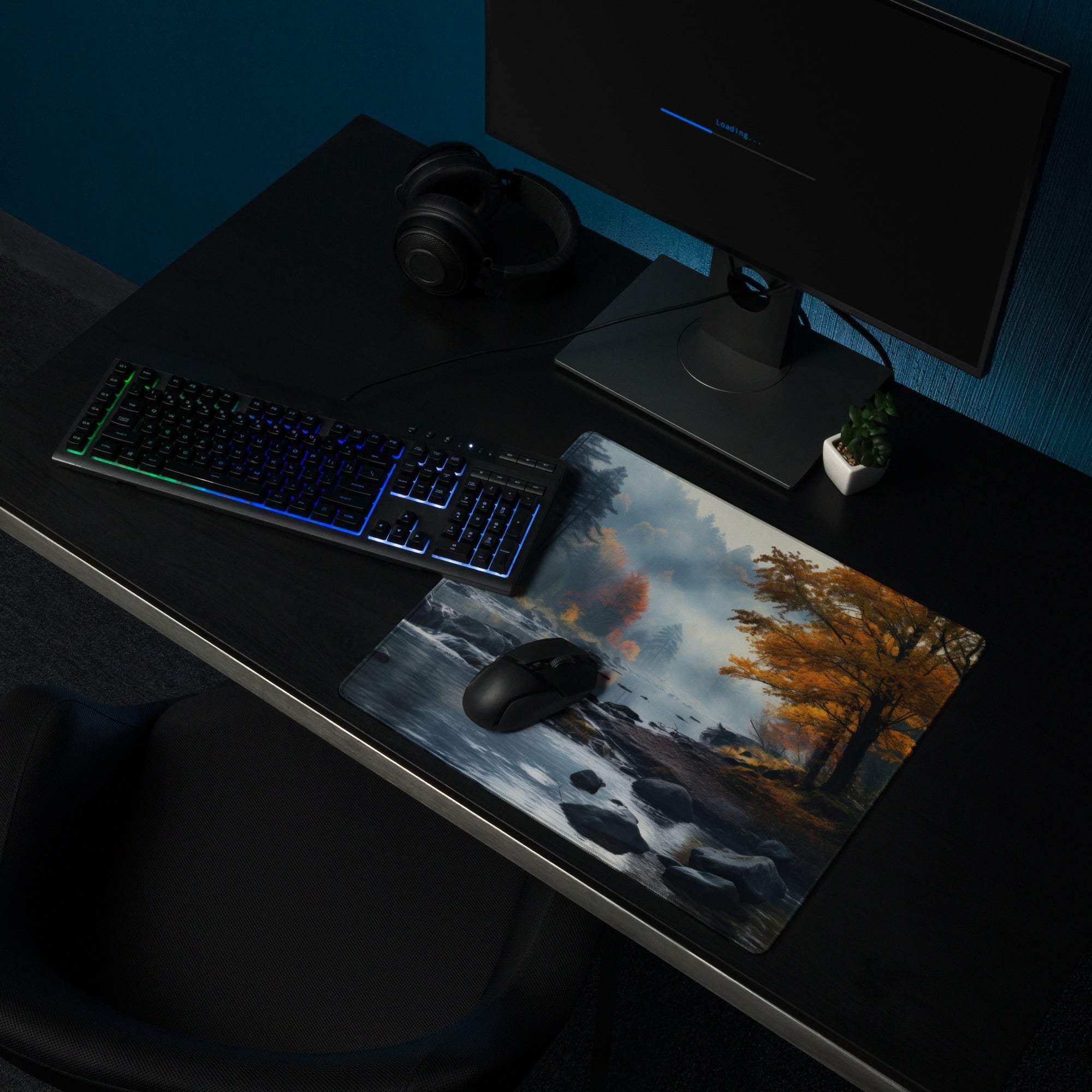 Large autumn forest river gaming mouse pad with orange trees, rocks, clouds