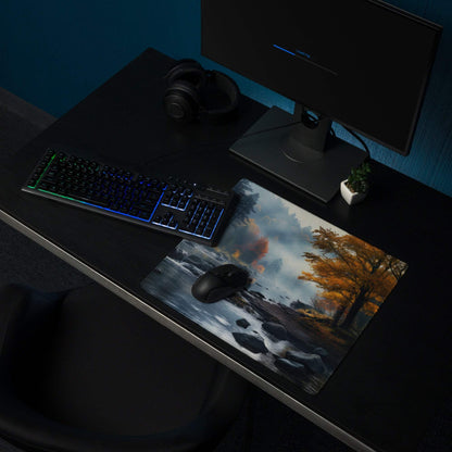 Large autumn forest river gaming mouse pad with orange trees, rocks, clouds