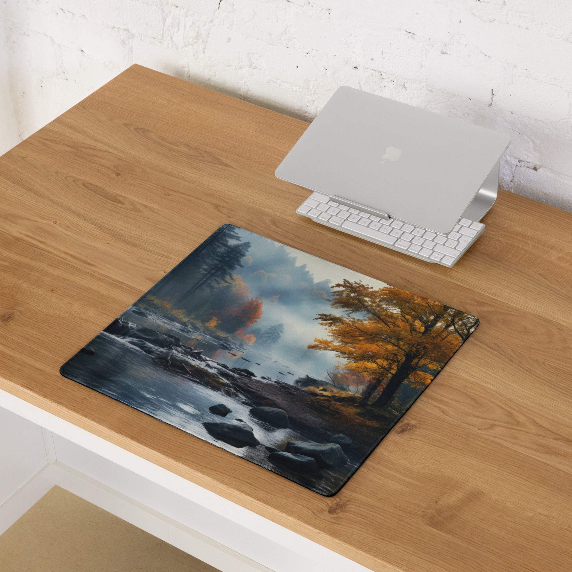 Large autumn forest river gaming mouse pad with non-slip base