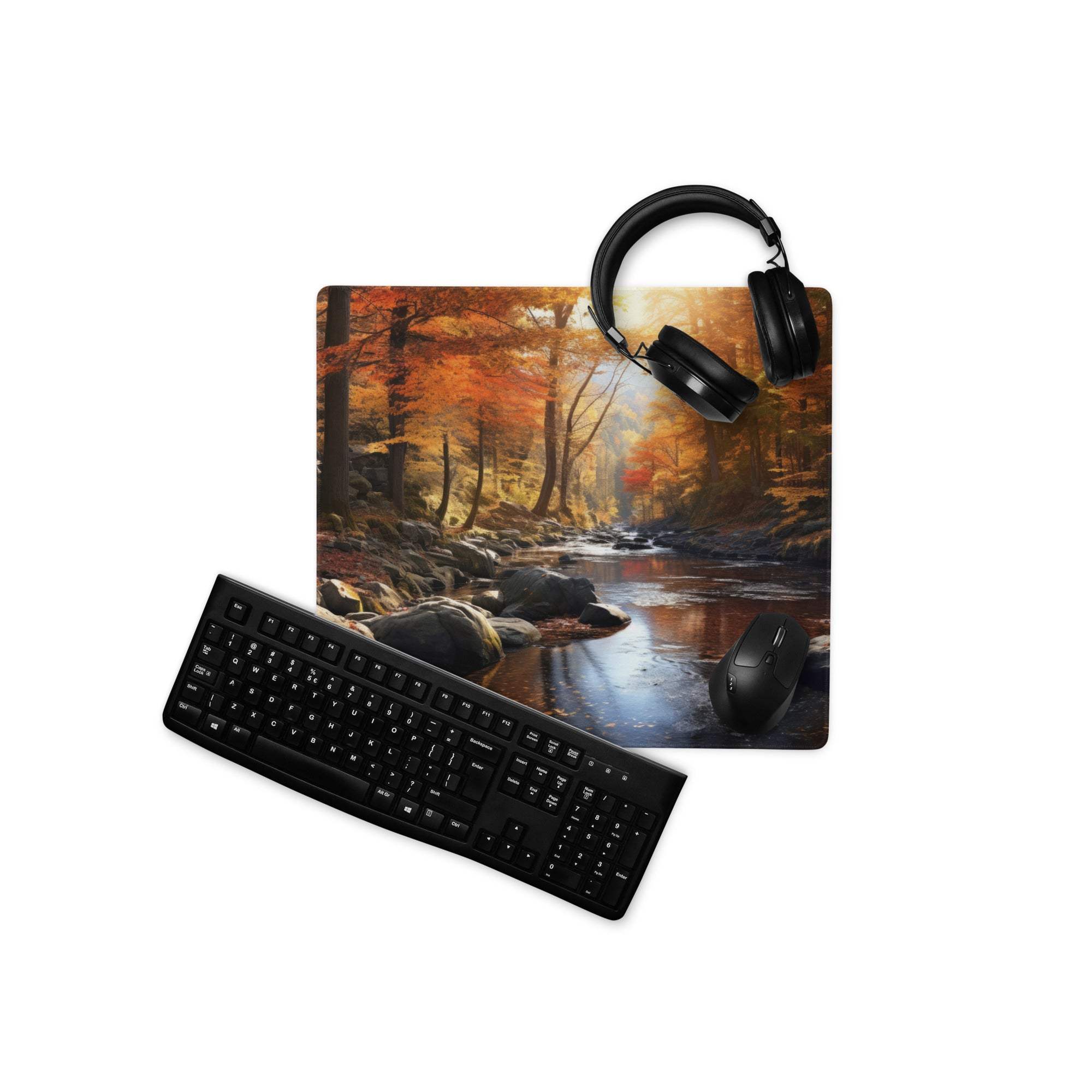 Black matte QWERTY keyboard on Autumn Forest gaming mouse pad