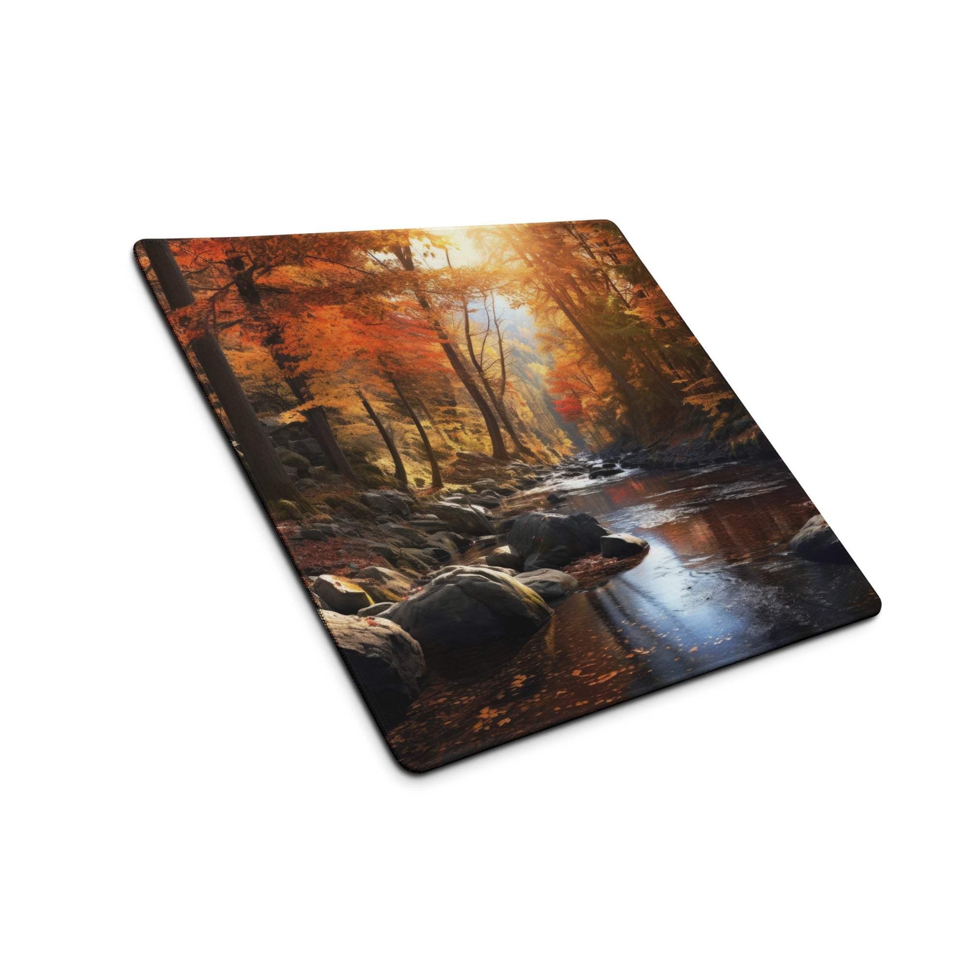Large Autumn Forest gaming mouse pad with non-slip base, vivid orange trees and stream