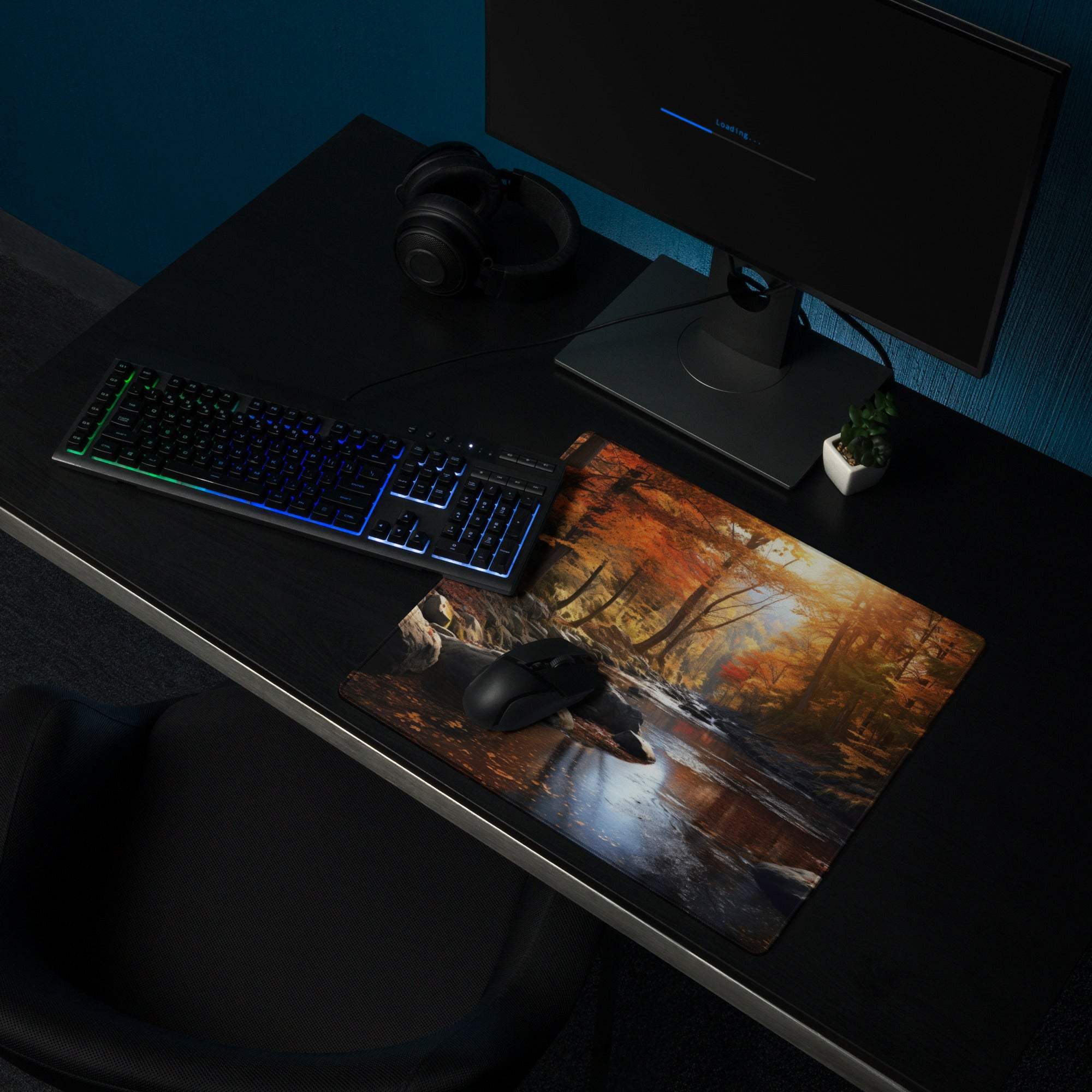 Large autumn forest gaming mouse pad with non-slip base, orange trees in water