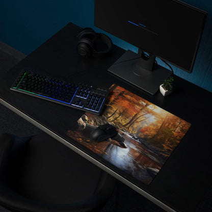 Large autumn forest gaming mouse pad with non-slip base, orange trees in water