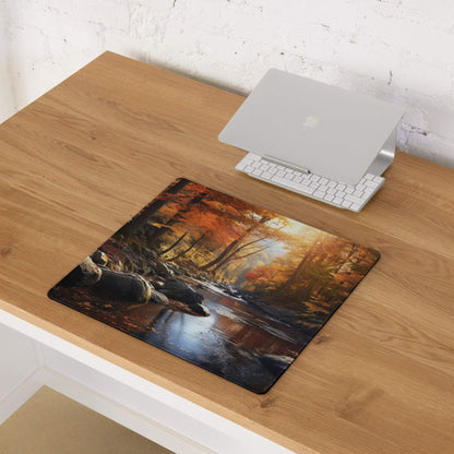 Large Autumn Forest gaming mouse pad with orange foliage stream non-slip base