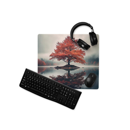 Autumn red tree island gaming mouse pad with fiery orange leaves reflection