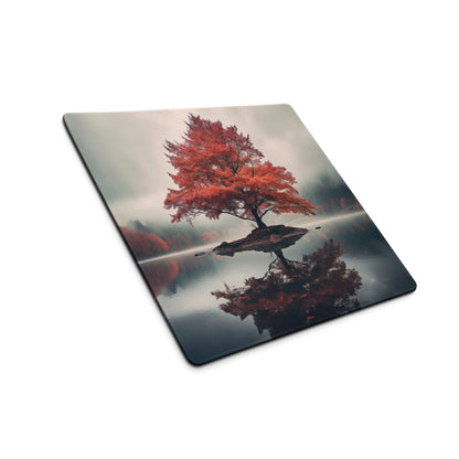 Large Autumn Red Tree Island gaming mouse pad with vivid reflection