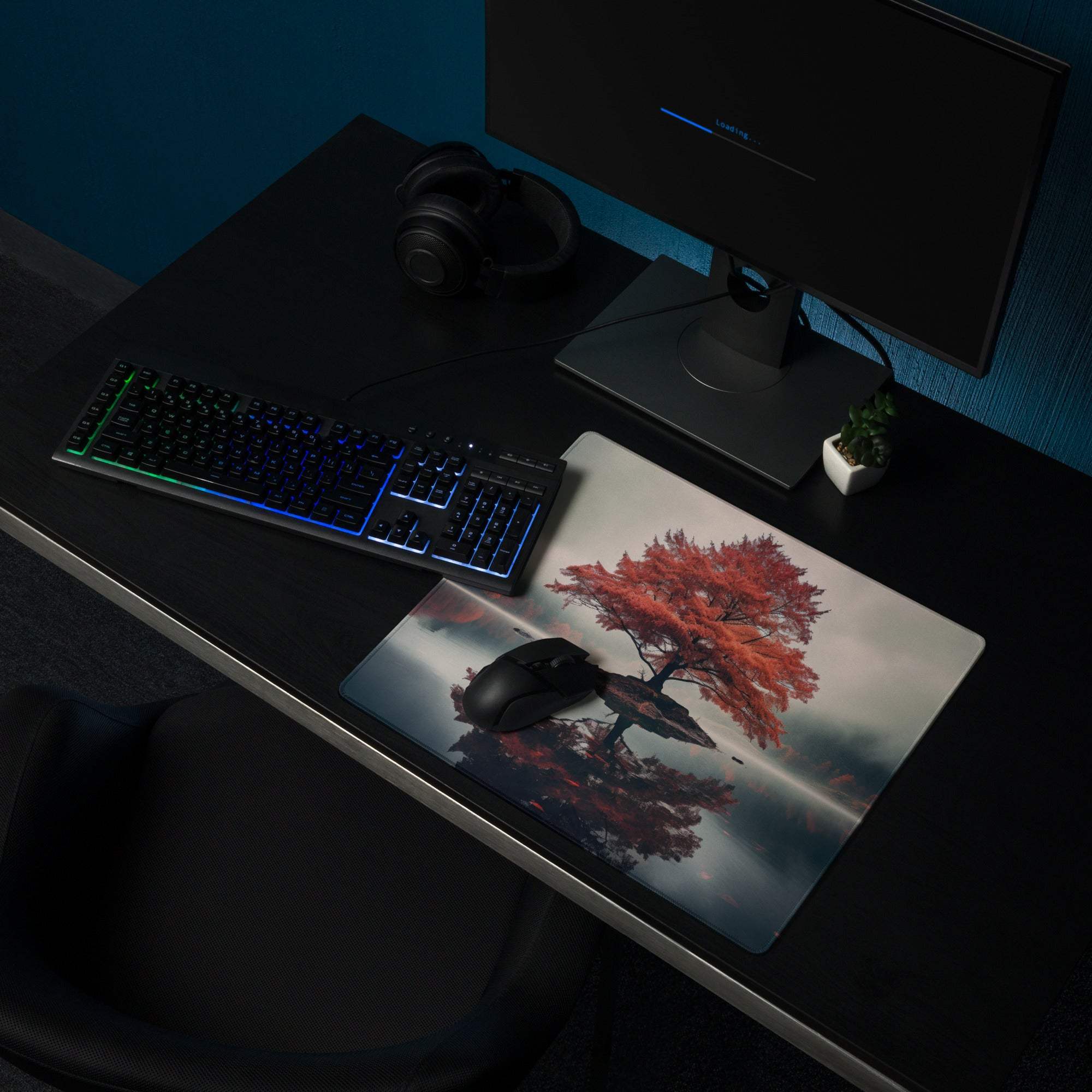 Large Autumn Red Tree Island gaming mouse pad with vivid foliage on water