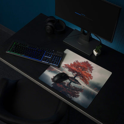 Large Autumn Red Tree Island gaming mouse pad with vivid foliage on water
