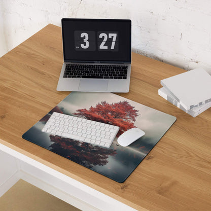 Large Autumn Red Tree Island gaming mouse pad with misty red tree landscape
