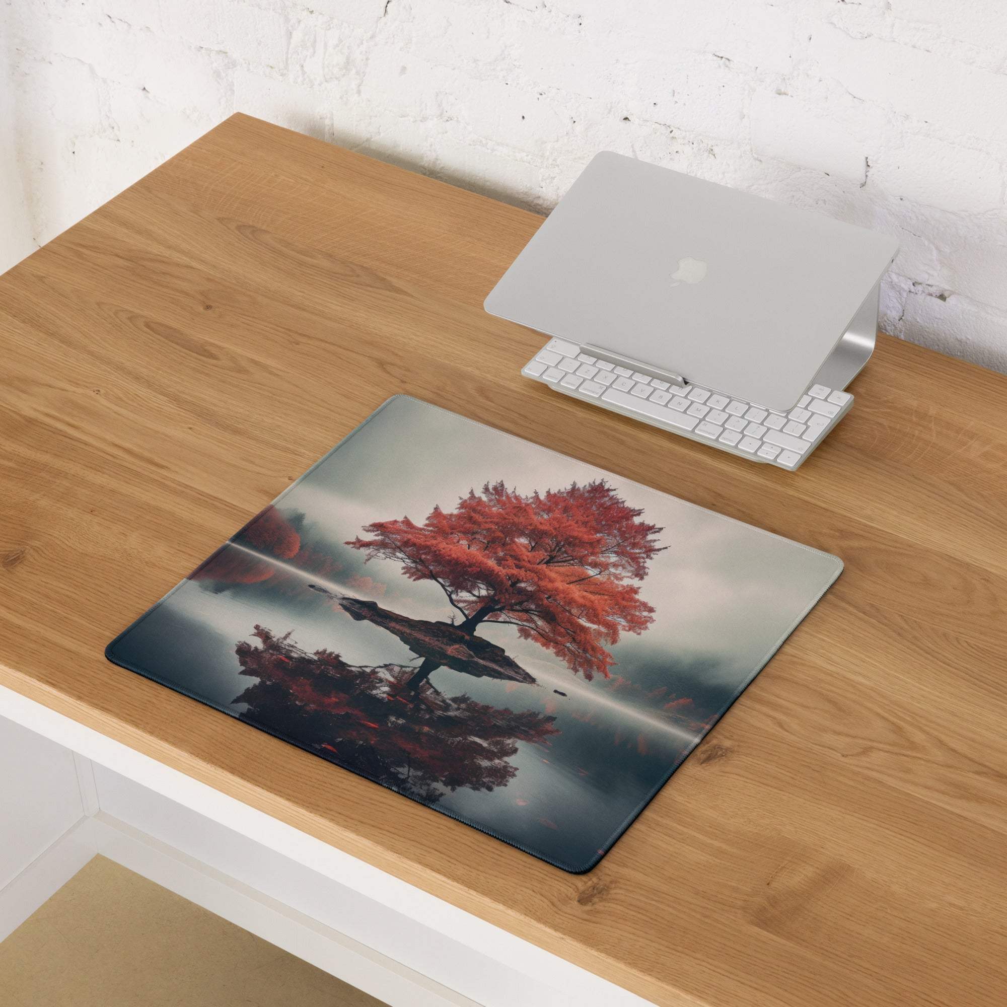 Large autumn red tree island gaming mouse pad with misty reflection