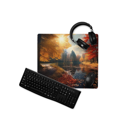 Black glossy qwerty keyboard on autumn forest gaming mouse pad
