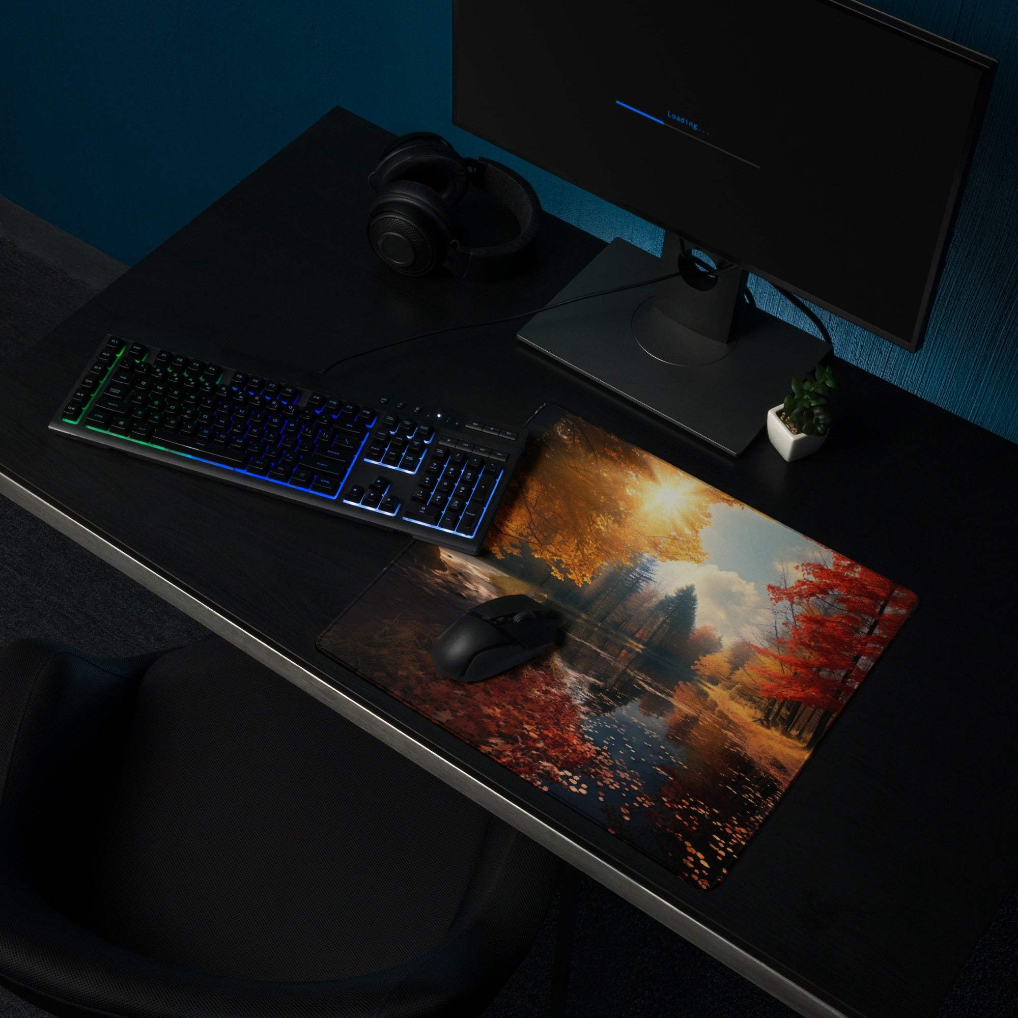 Autumn forest gaming mouse pad with vibrant fall foliage and reflective water