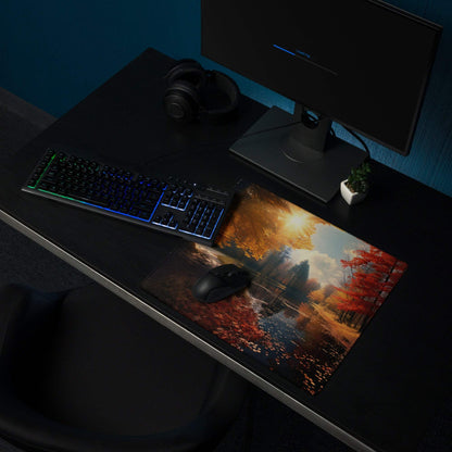 Autumn forest gaming mouse pad with vibrant fall foliage and reflective water