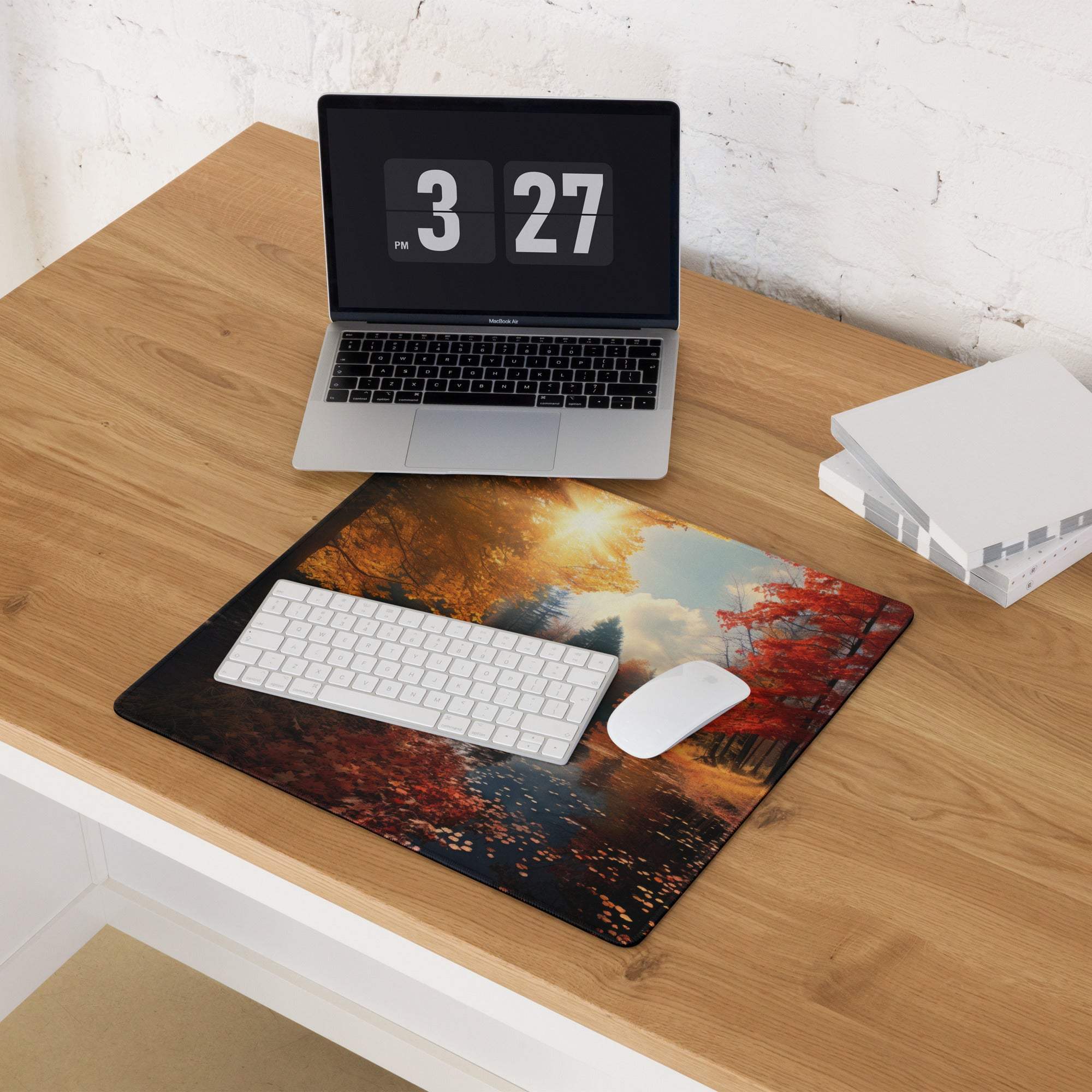 Large autumn forest gaming mouse pad with red orange leaves sunburst non-slip backing
