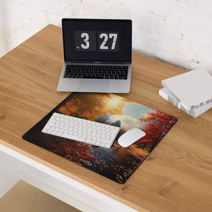 Large autumn forest gaming mouse pad with red orange leaves sunburst non-slip backing