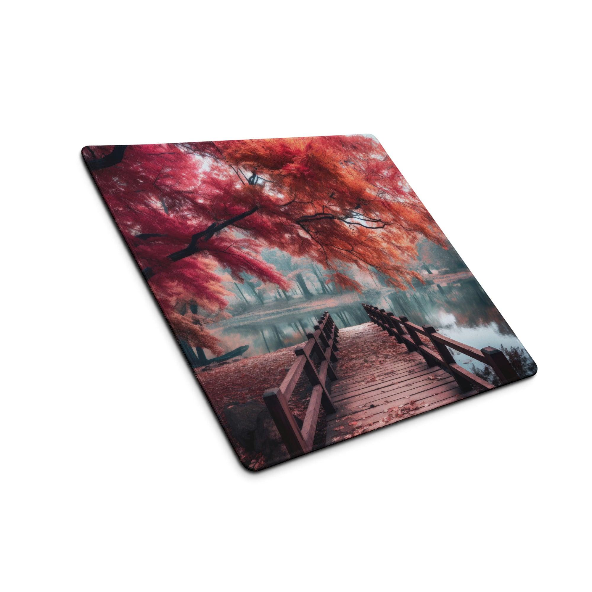 Serene autumn forest bridge over quiet lake premium gaming mouse pad