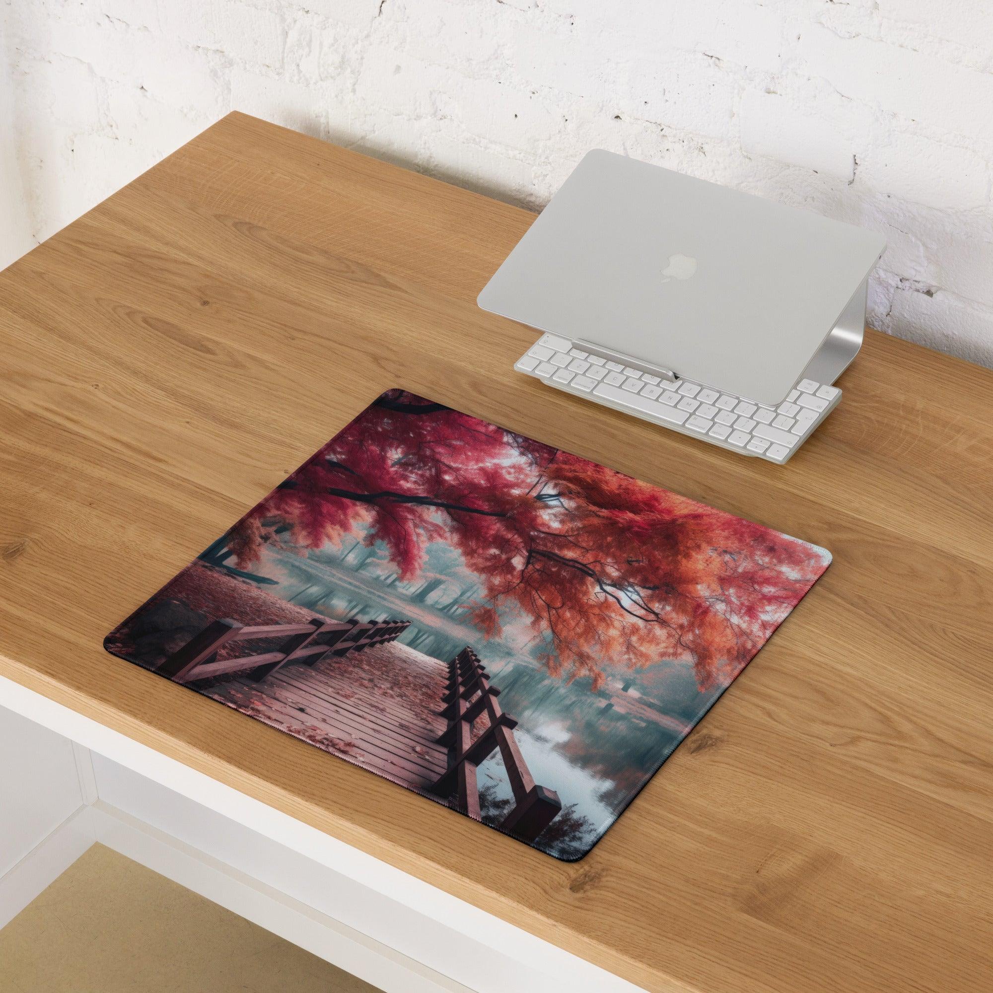 Serene autumn forest bridge with red maple leaves over calm lake gaming mouse pad