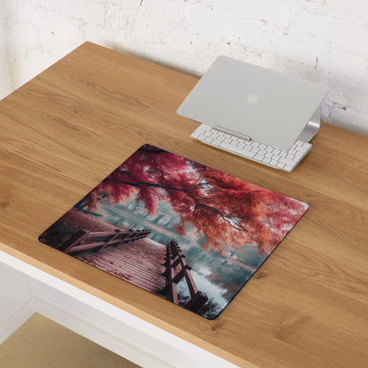 Serene autumn forest bridge with red maple leaves over calm lake gaming mouse pad