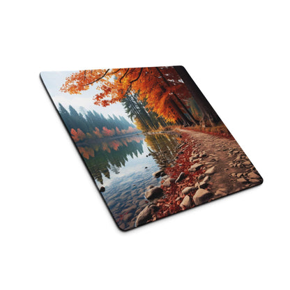 Autumn forest large non-slip gaming mouse pad with vivid maple leaves, water reflections, rocky shore