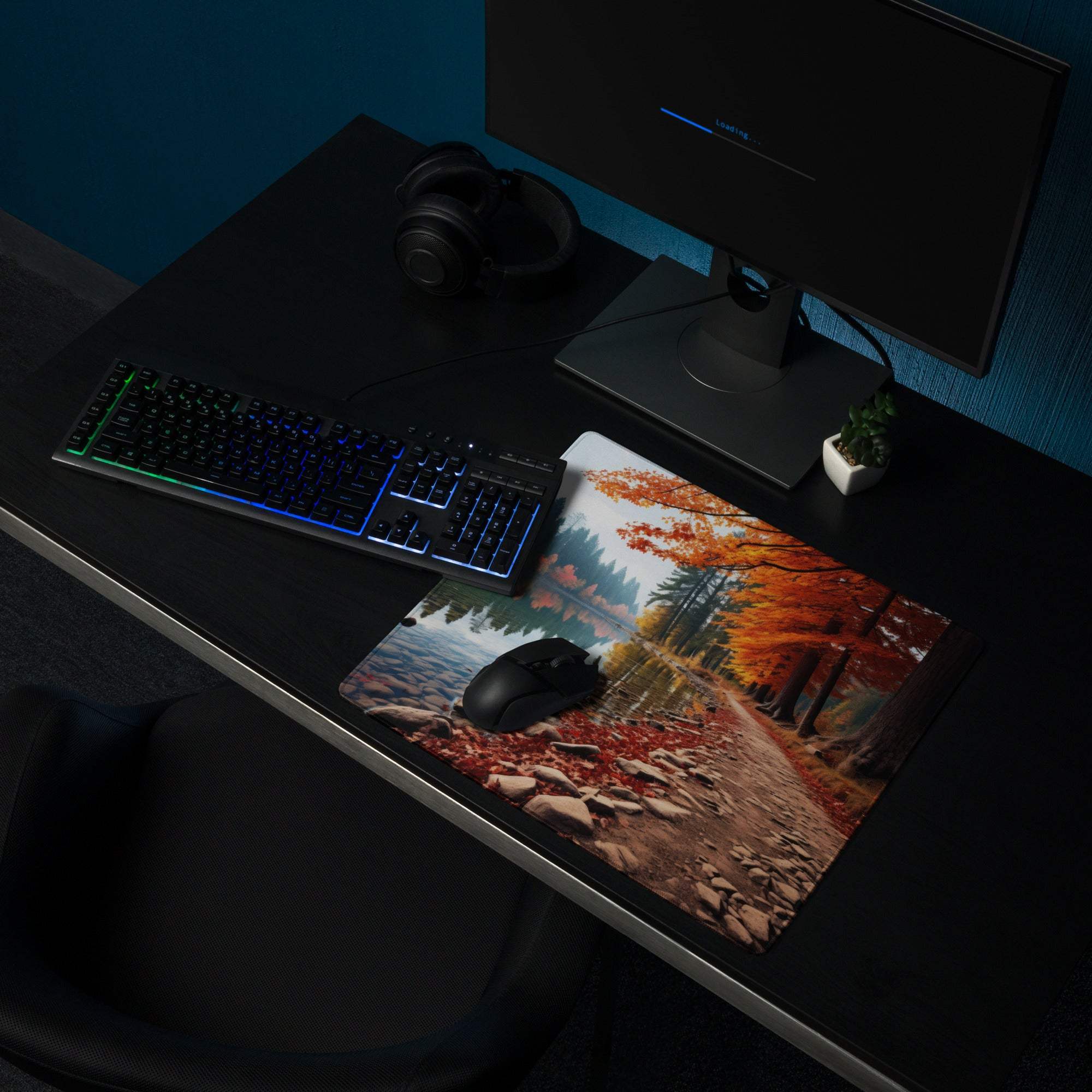 Autumn Forest large non-slip gaming mouse pad with orange red trees riverbank and wireless mouse
