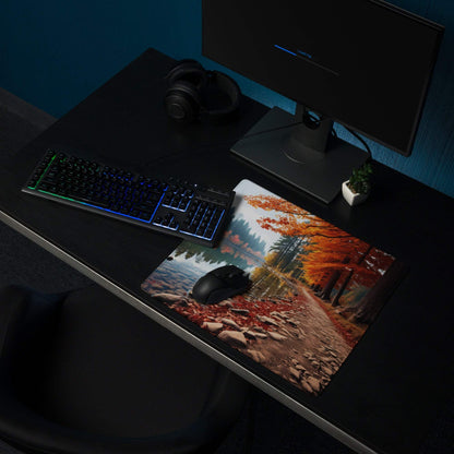 Autumn Forest large non-slip gaming mouse pad with orange red trees riverbank and wireless mouse