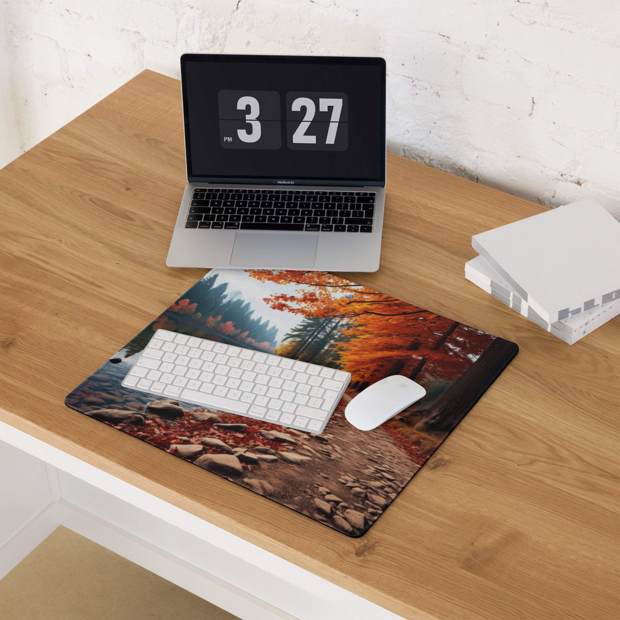 Autumn Forest large non-slip gaming mouse pad with vibrant orange red leaves over rocky streambed