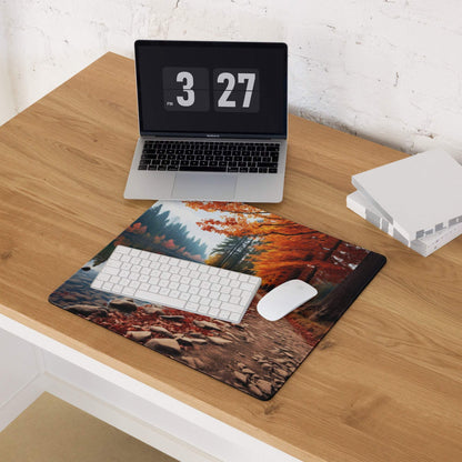 Autumn Forest large non-slip gaming mouse pad with vibrant orange red leaves over rocky streambed