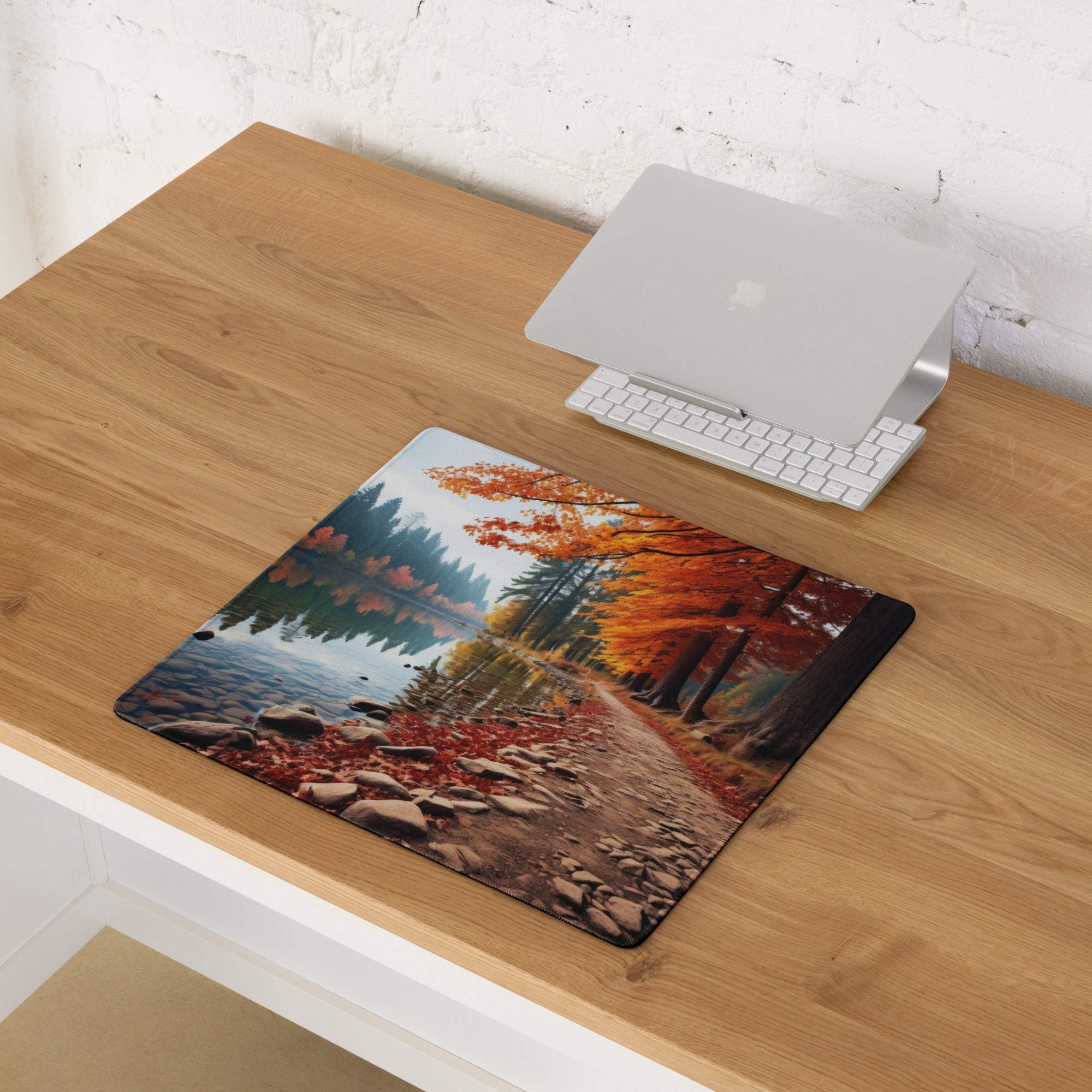 Autumn Forest Landscape large non-slip gaming mouse pad with vivid orange red trees reflected in calm water
