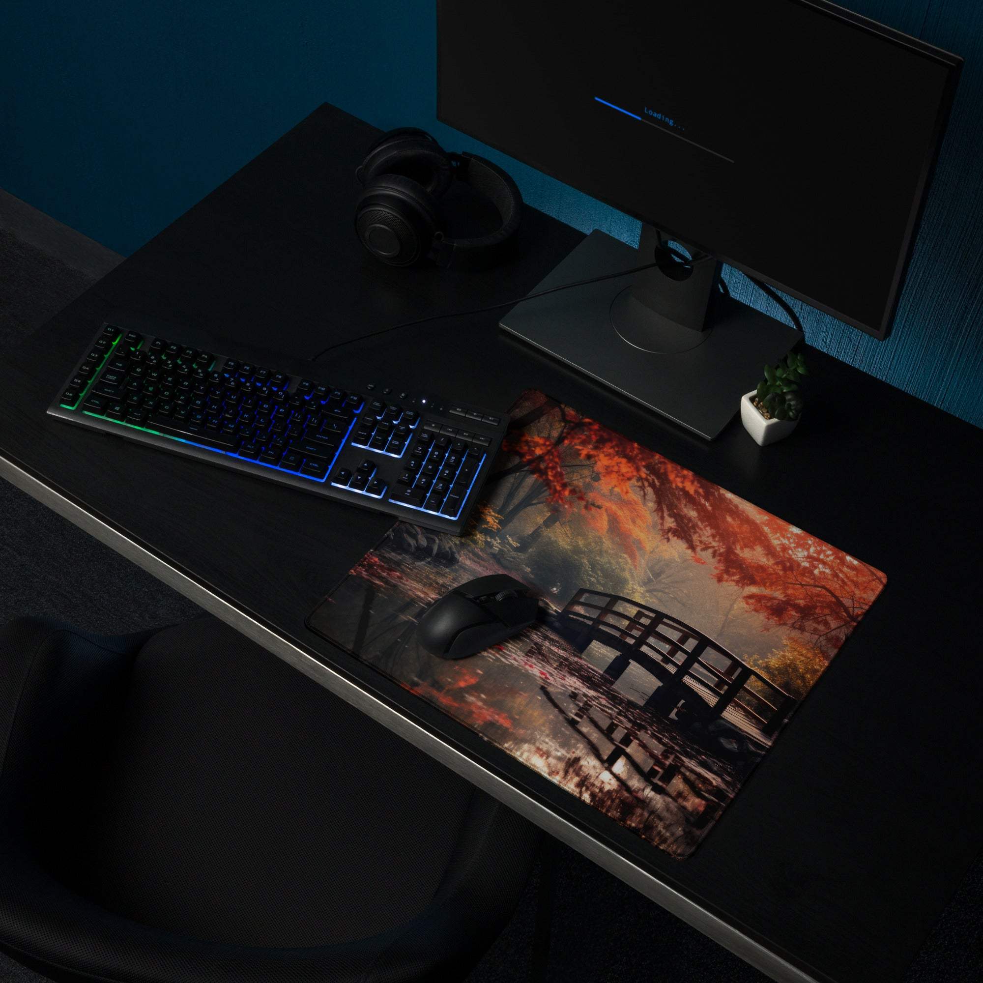 Large Autumn Forest Bridge gaming mouse pad with red maple leaves, non-slip stitched edges
