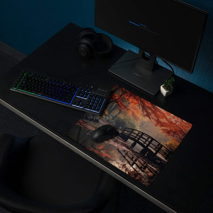 Large Autumn Forest Bridge gaming mouse pad with red maple leaves, non-slip stitched edges