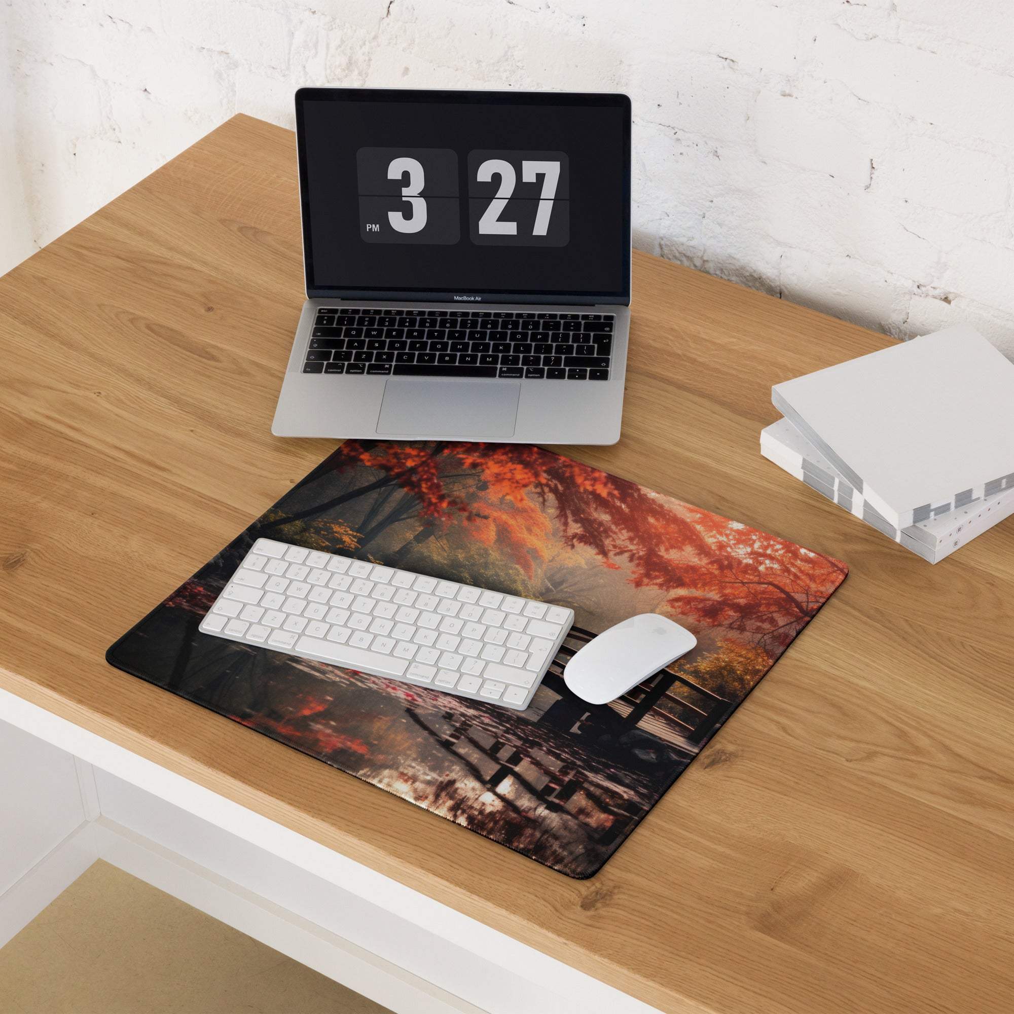 Large Autumn Forest Bridge gaming mouse pad with fiery orange leaves, non-slip, stitched edges