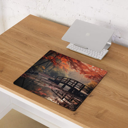 Large Autumn Forest Bridge gaming mouse pad with red maple leaves, wooden bridge reflection, non-slip stitched edges