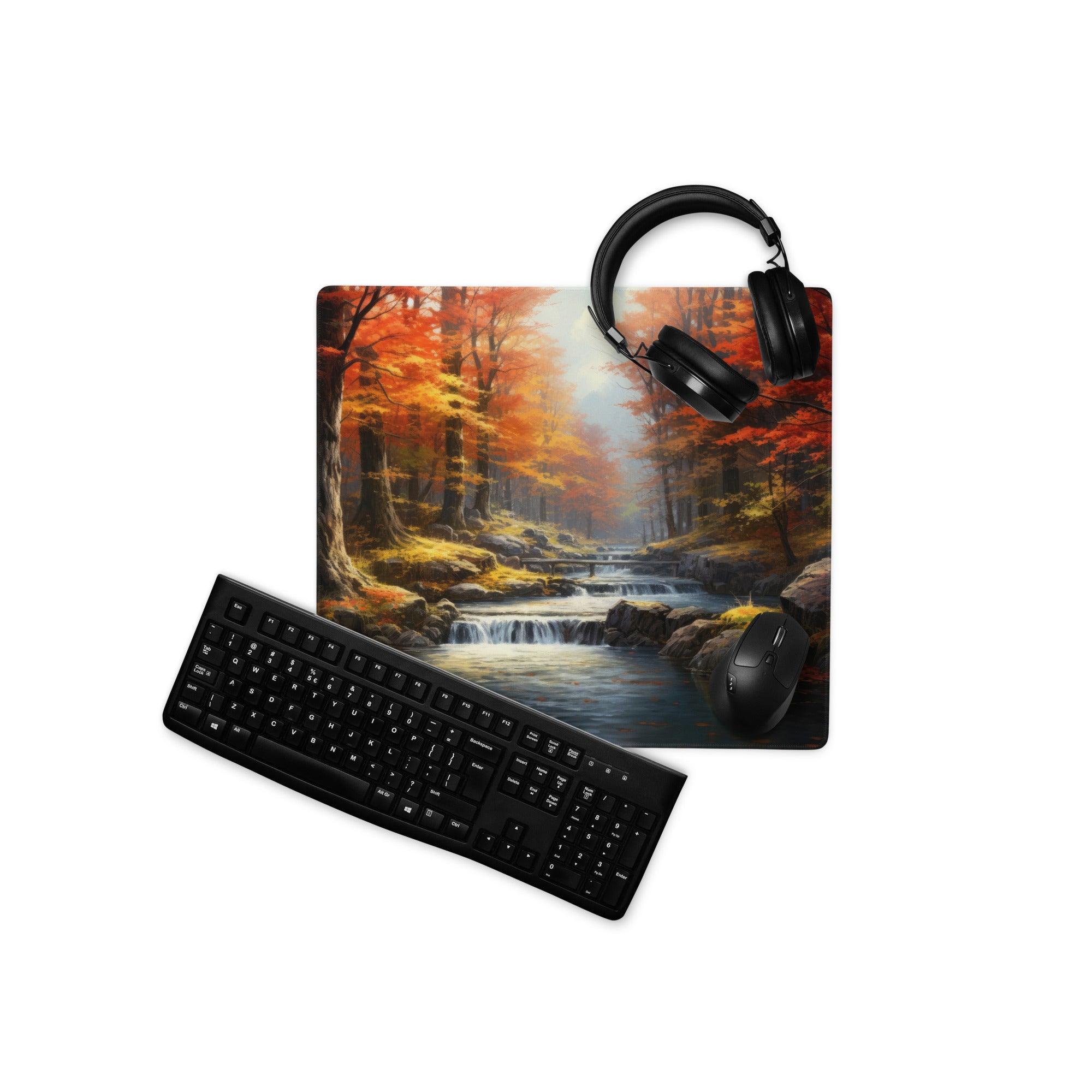 Black matte qwerty keyboard on white surface over autumn forest mouse pad