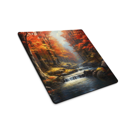 Large nature-inspired autumn forest gaming mouse pad with vibrant orange foliage, stream, and non-slip base