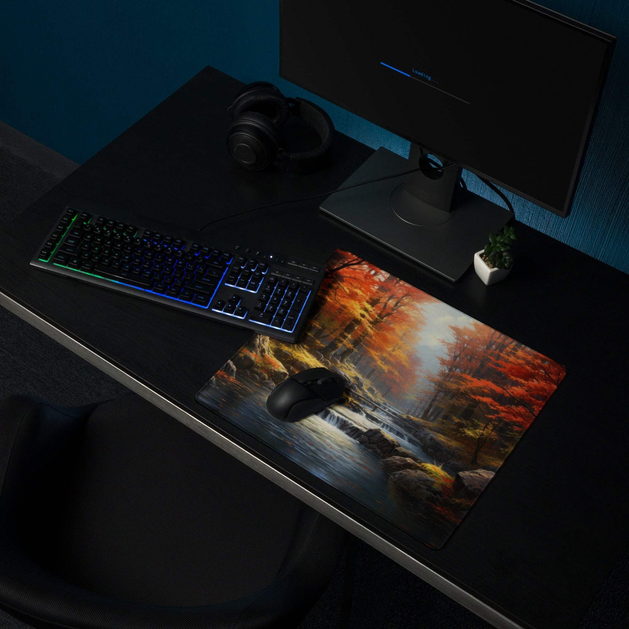Large nature-inspired autumn forest gaming mouse pad with warm fall colors